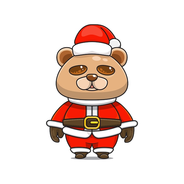 Lindo oso en traje de navidad animal de dibujos animados en vista frontal de traje de santa