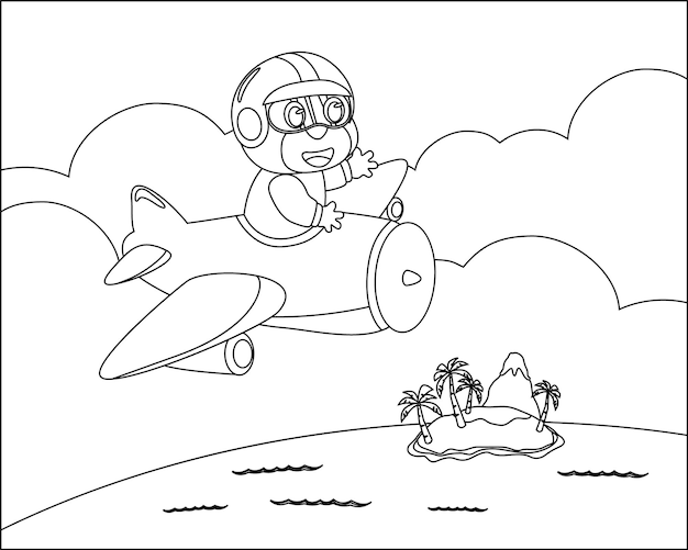 Lindo oso volando en avión dibujos animados dibujados a mano ilustración vectorial libro para colorear o página
