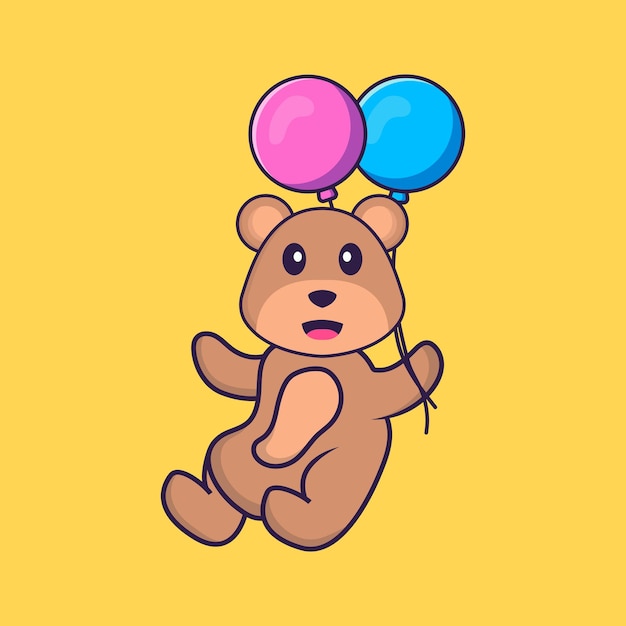 Lindo oso volando con dos globos concepto de dibujos animados de animales aislado