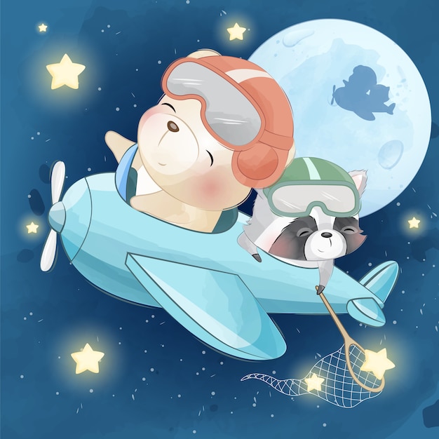 Lindo oso volar en la luna con pequeño mapache