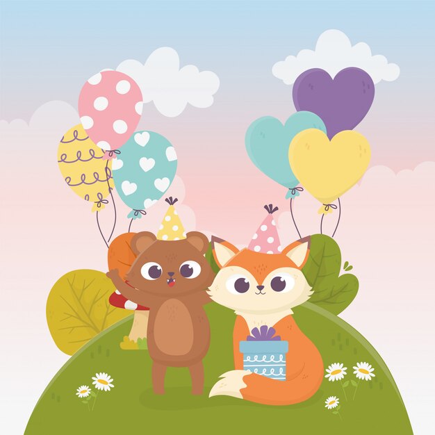 Lindo oso zorro con regalos globos hierba flores animales celebración feliz día ilustración