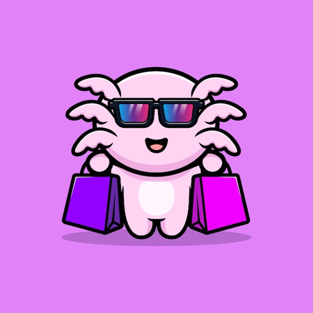 Lindo oxolotl con personaje de dibujos animados de bolsa de compras