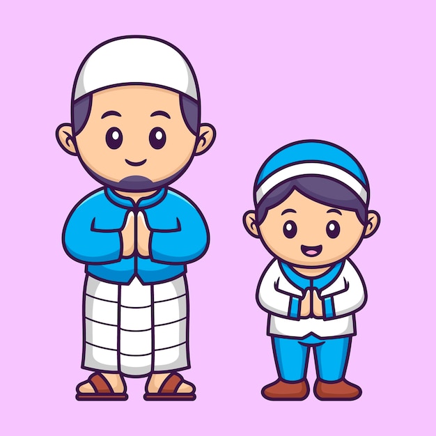 Lindo padre musulmán e hijo en dibujos animados Ramadán Vector Ilustración Estilo plano Concepto