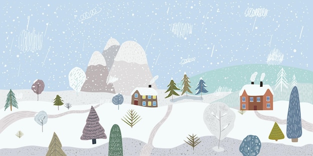 Lindo paisaje de invierno invierno banner vector ilustración de naturaleza ciudad casas personas árboles