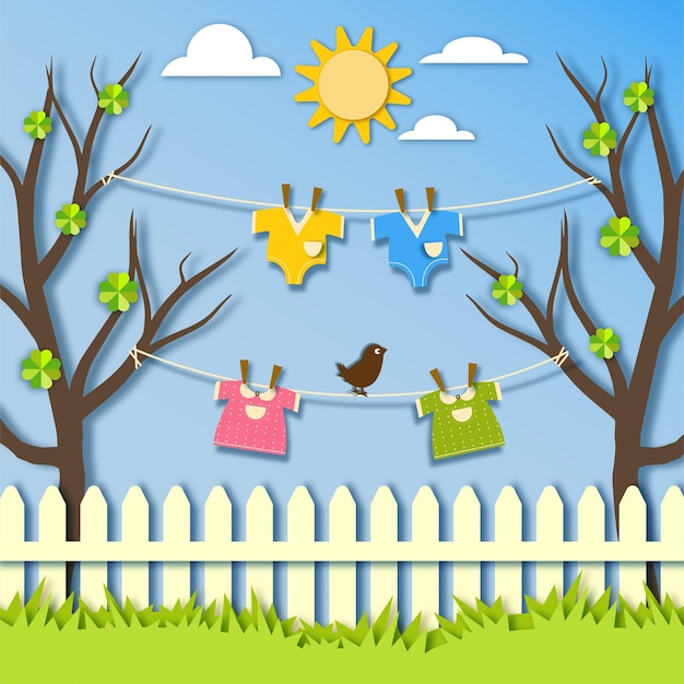 Lindo paisaje de primavera Ropa para niños se seca en una cuerda Ilustración de estilo de corte de papel divertido