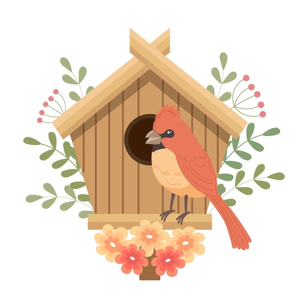 Lindo pajarito con pájaros decorados con flores y hojas arte de clip de primavera en estilo de dibujos animados planos