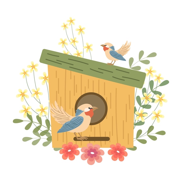 Lindo pajarito con pájaros decorados con flores y hojas Arte de clip de primavera en estilo de dibujos animados planos