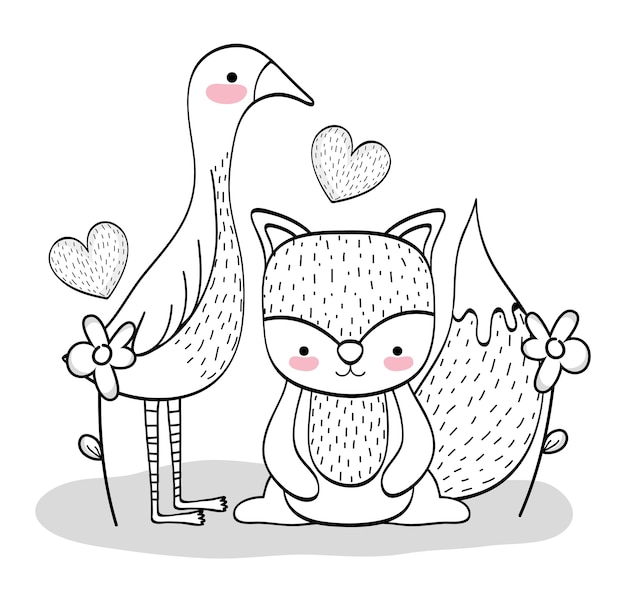 Lindo pájaro y ardilla con flores y corazones