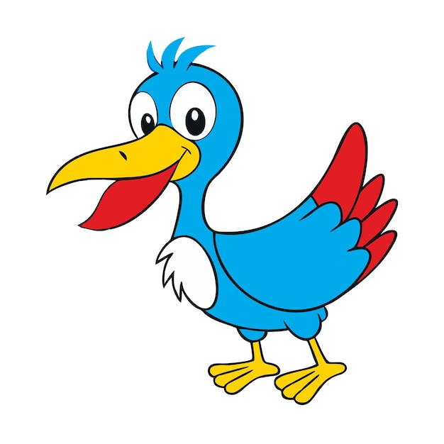 Lindo pájaro de dibujos animados con un cuerpo azul pico amarillo y piernas y alas rojas