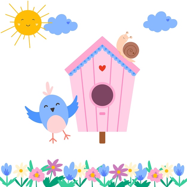 Lindo pájaro de dibujos animados y flores de casa de pájaros vector en estilo plano Concepto de cuidado y naturaleza y pájaros
