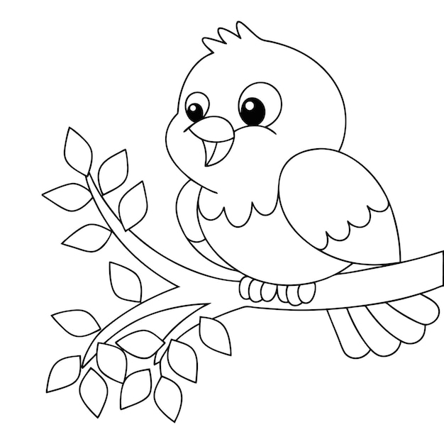Un lindo pájaro de dibujos animados posado en una rama con hojas para colorear