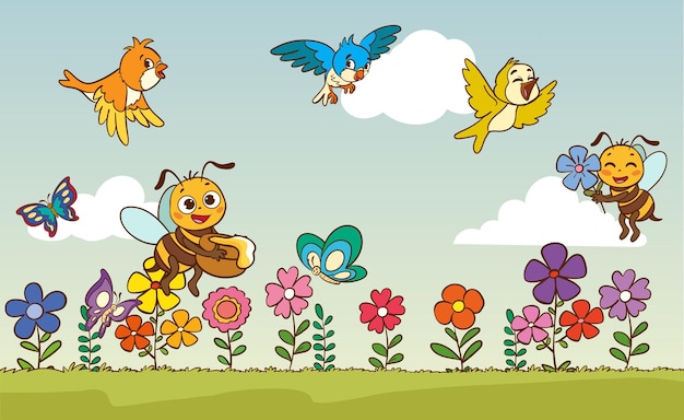 lindo pájaro feliz abeja mariposa mariposa abeja y pájaros en el paisaje natural