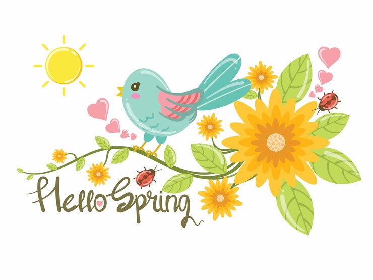 Vector lindo pájaro y flores. ilustración de la tarjeta "hola primavera".