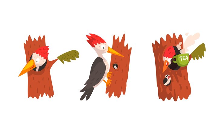 Vector lindo pájaro pájaro carpintero sentado en el tronco del árbol set woodland bright woodpecker cardinal bird ilustración vectorial de dibujos animados