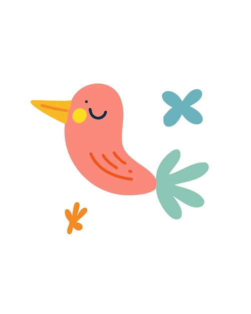 Lindo pájaro rosado de dibujos animados con ojos grandes y alas esponjosas ilustración vectorial para libros infantiles