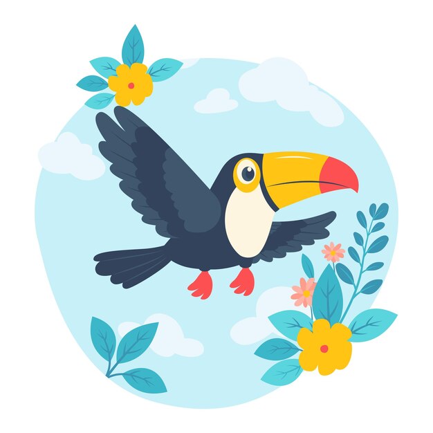 El lindo pájaro Tucán que vuela con flores en el parque