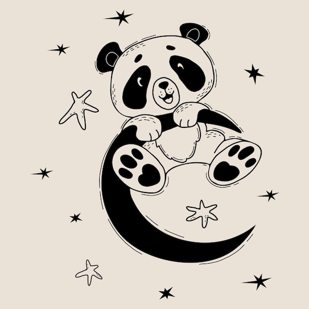 Lindo panda alegre en la luna carácter animal lindo dibujo a mano lineal garabato para la colección de niños