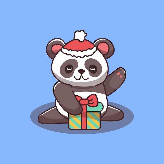 Lindo panda de año nuevo con regalo con sombrero rojo de santa año nuevo personaje de vector de navidad