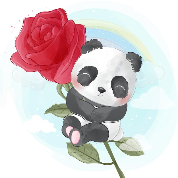 Lindo panda arrastrándose por la rosa