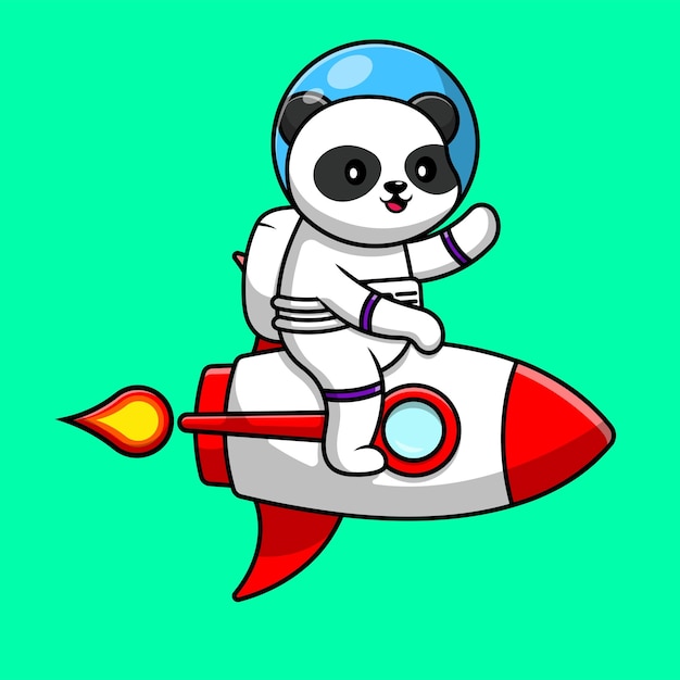 Lindo panda astronauta montando cohete y agitando la mano dibujos animados vector icono ilustración