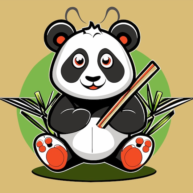 Vector lindo panda con bambú dibujado a mano dibujos animados pegatina icono concepto aislado ilustración