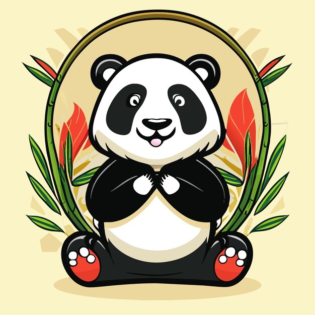 Vector lindo panda con bambú dibujado a mano dibujos animados pegatina icono concepto aislado ilustración