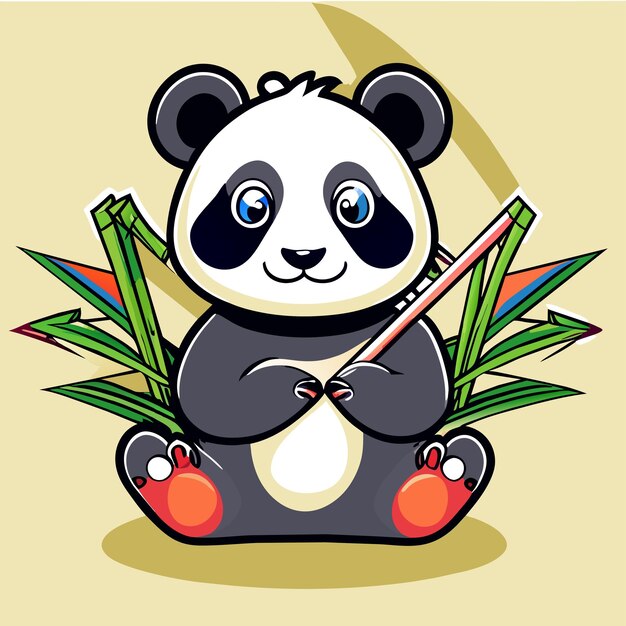 Vector lindo panda con bambú dibujado a mano dibujos animados pegatina icono concepto aislado ilustración