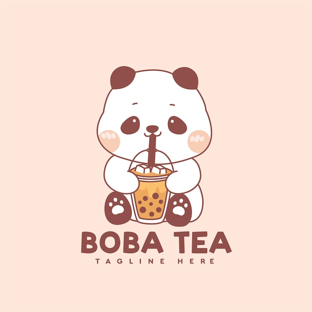 Lindo panda bebe boba logotipo de té con leche