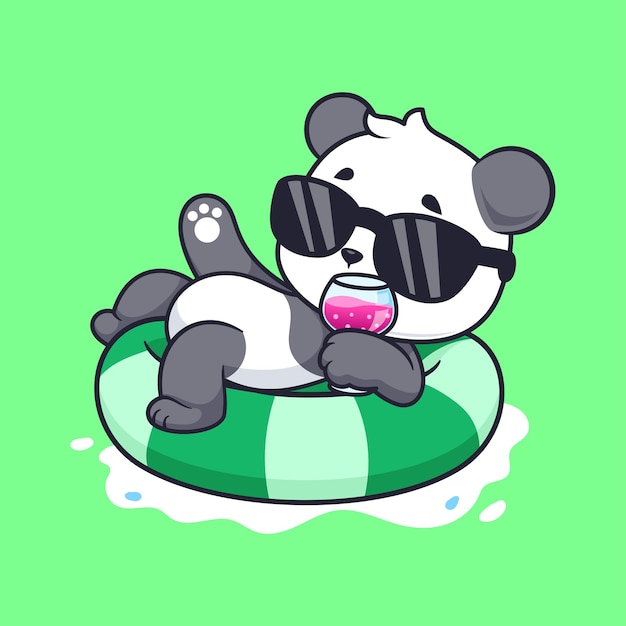 Lindo panda chill en neumáticos de natación con jugo de dibujos animados icono vectorial ilustración animal holiday flat