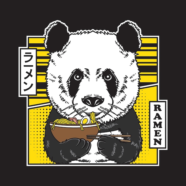 Lindo panda come ilustración de ramen de fideos de Japón en estilo cómico plano