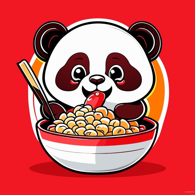 un lindo panda comiendo arroz de pollo frito en un gran bo