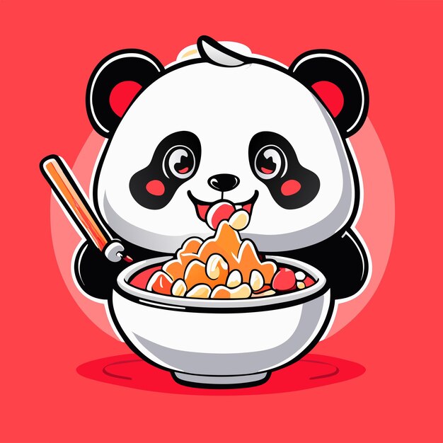 un lindo panda comiendo arroz de pollo frito en un gran bo