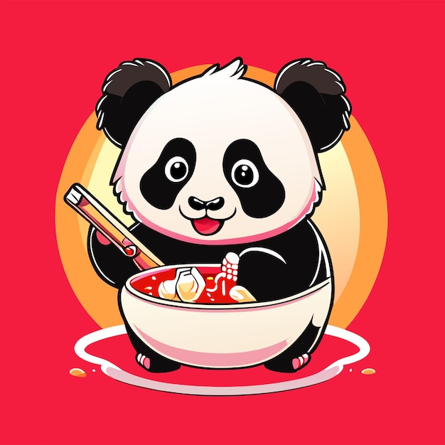 un lindo panda comiendo arroz de pollo frito en un gran bo