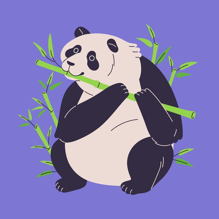 Vector lindo panda comiendo bambú oso del zoológico asiático relajarse feliz personaje esponjoso comer árbol de hojas del tallo animal peludo sentado con rama verde niño y pegatina de estilo infantil ilustración vectorial aislada plana