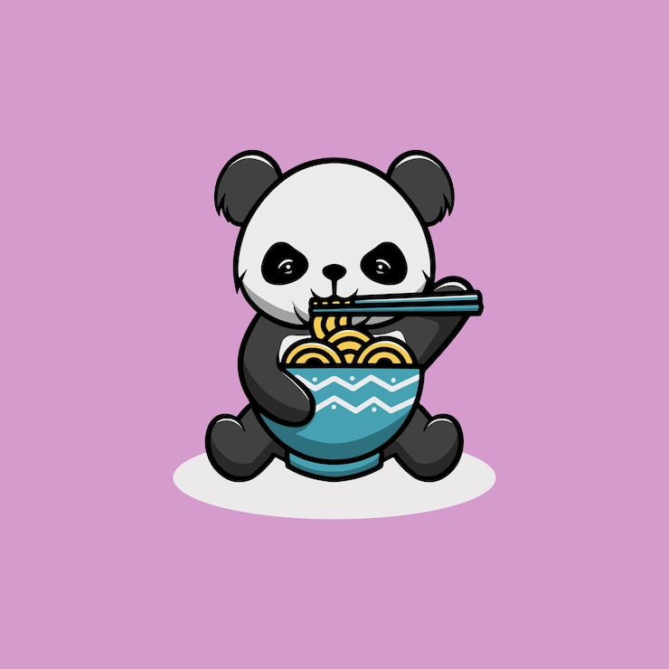 Lindo panda comiendo ramen ilustración de dibujos animados