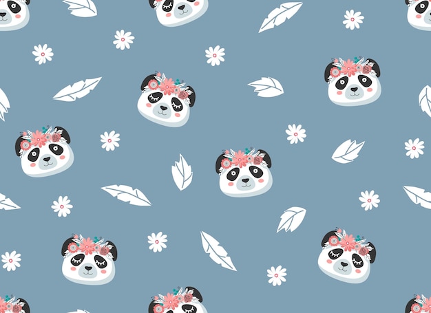 Lindo panda en una corona de flores con patrón sin costuras adecuado para imprimir en papel de telas