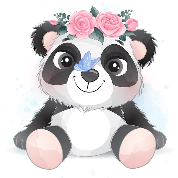 El lindo panda con la corona de flores