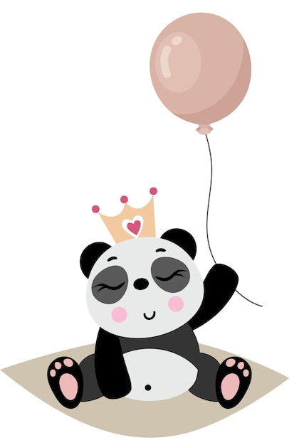 Un lindo panda con una corona sosteniendo un globo