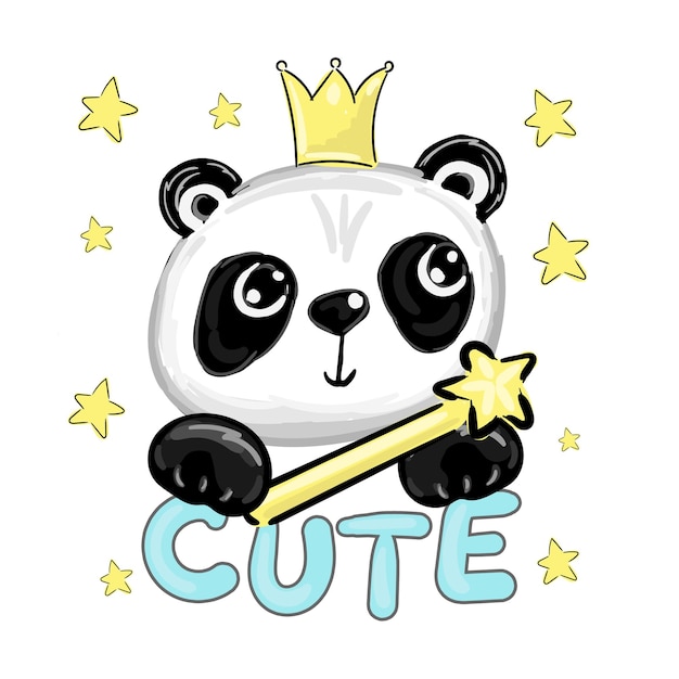 Lindo panda con corona y vector de varita mágica Se puede usar para niños o bebés diseño de camiseta Gráfico de impresión de moda Ilustración animal de dibujos animados