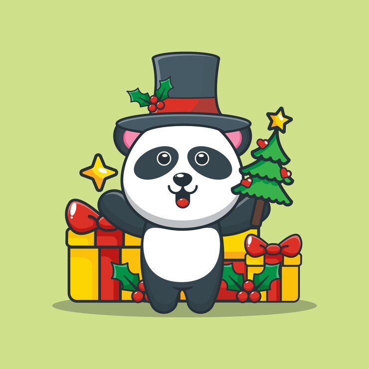 Vector lindo panda en el día de navidad sosteniendo el árbol de navidad y la estrella linda ilustración de dibujos animados de navidad