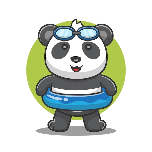 lindo panda de dibujos animados con globo de piscina, panda de natación, ilustración vectorial.