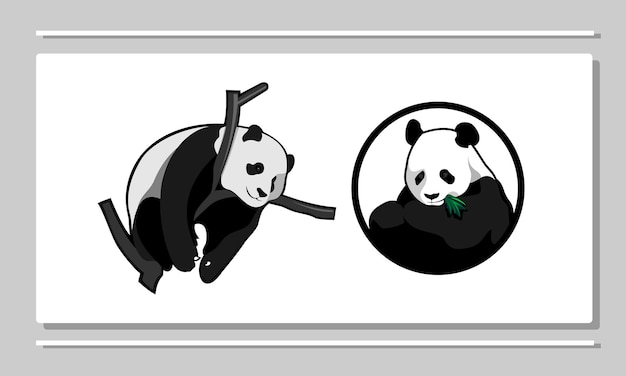 Vector lindo panda durmiendo en el árbol y panda comiendo logo