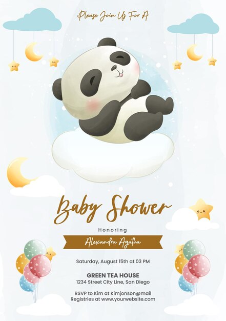 Lindo panda durmiente en una nube en estilo acuarela para invitación de baby shower