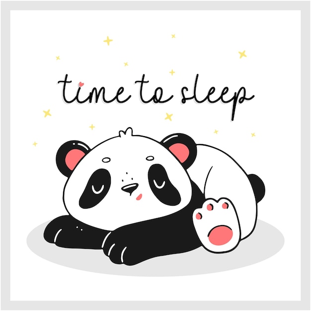 Lindo panda durmiente con tiempo para dormir texto en estilo de dibujo de dibujos animados Diseño de una tarjeta para niños