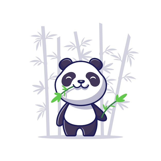 Lindo Panda Eat Bamboo Cartoon icono ilustración. Concepto de icono animal aislado. Estilo plano de dibujos animados