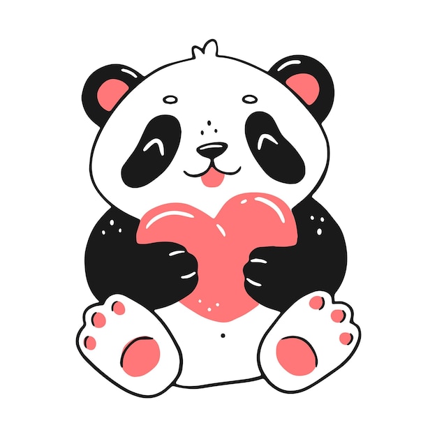 Lindo panda feliz sentado con un corazón en estilo lineal de dibujos animados Vector ilustración aislada