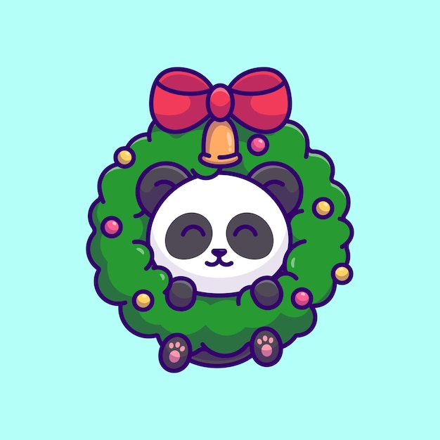 Lindo, panda, flor, corona, simple, caricatura, vector, ilustración, navidad, concepto, icono, aislado