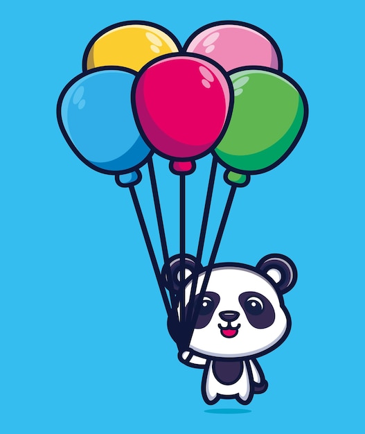 Lindo panda flotando con ilustración de vector de dibujos animados de globo