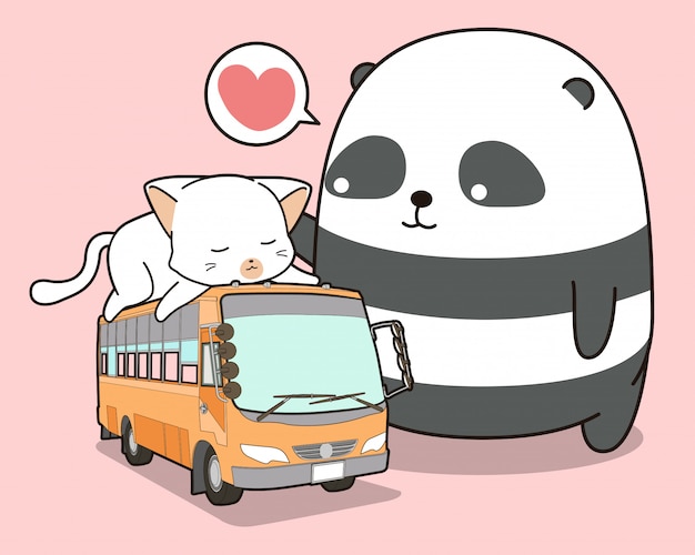 Lindo panda y gato que está en el autobús.