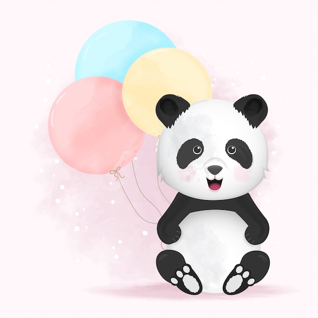 Lindo panda con globo dibujado a mano ilustración